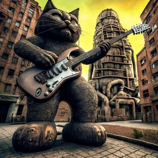 Prompt: giant acid etched iron statue of a giant cat playing guitar, in the style of Jacek Yerka, widescreen view, infinity vanishing point