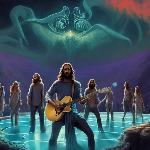 Prompt: wide view of jesus and the twelve apostles playing guitars, at an exotic rooftop infinity pool, infinity vanishing point, cthulhu nebula background