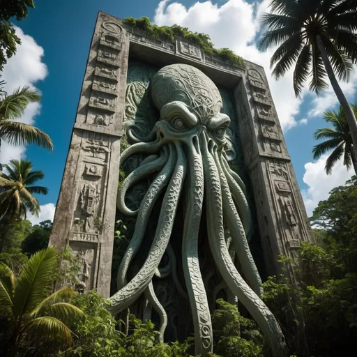 Prompt: in the Belize jungle, a giant ancient intricately detailed bas relief covered skyscraper of cthulhu, overhead lighting shadows, wide angle view, 25 degree offset infinity vanishing point