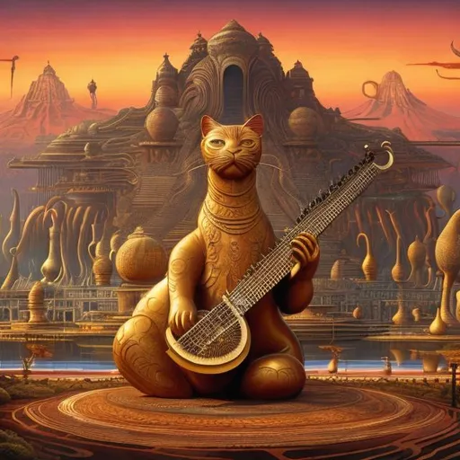 Prompt: panorama widescreen view of a giant bronze cat playing a sitar, infinity vanishing point, in the style of Jacek Yerka