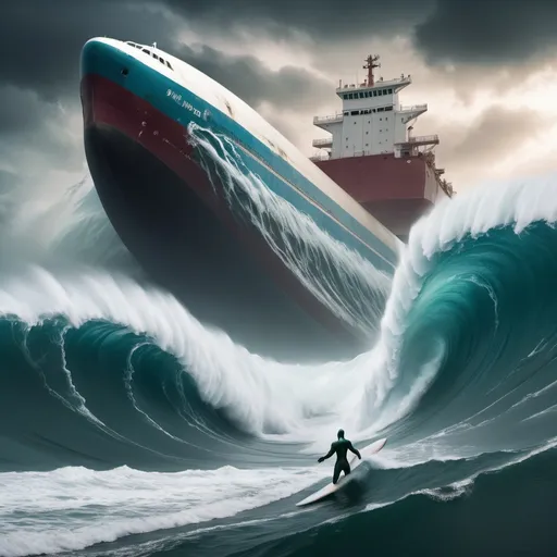 Prompt: cthulu surfing the largest giant tsunami wave, possessed ghost ULCC supertanker in foreground, overhead lighting, wide angle view, surreal background proportions, infinity vanishing point