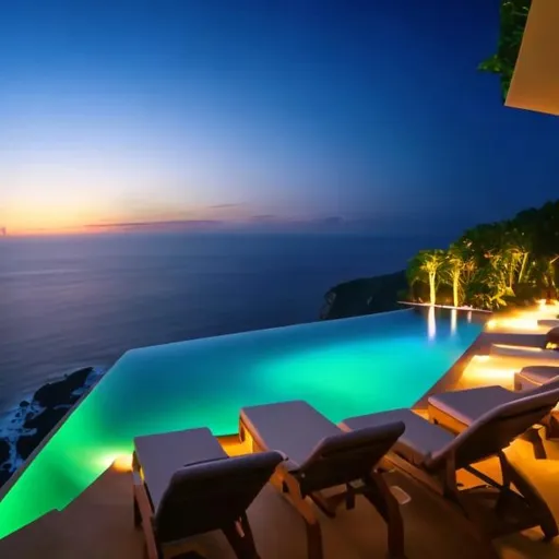Prompt: panorama ocean view from cliffside infinity pool, night