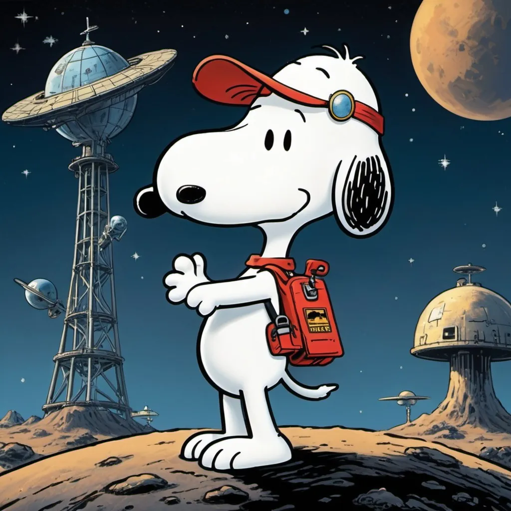 Prompt: Snoopy Saves The World, science-fiction, pulp style