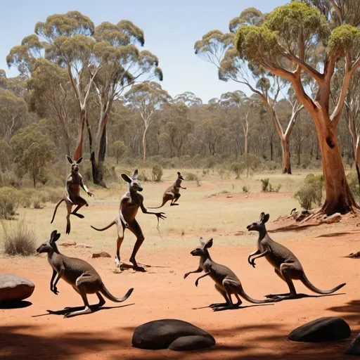 Prompt: aborigines throwing rocks at kangaroos