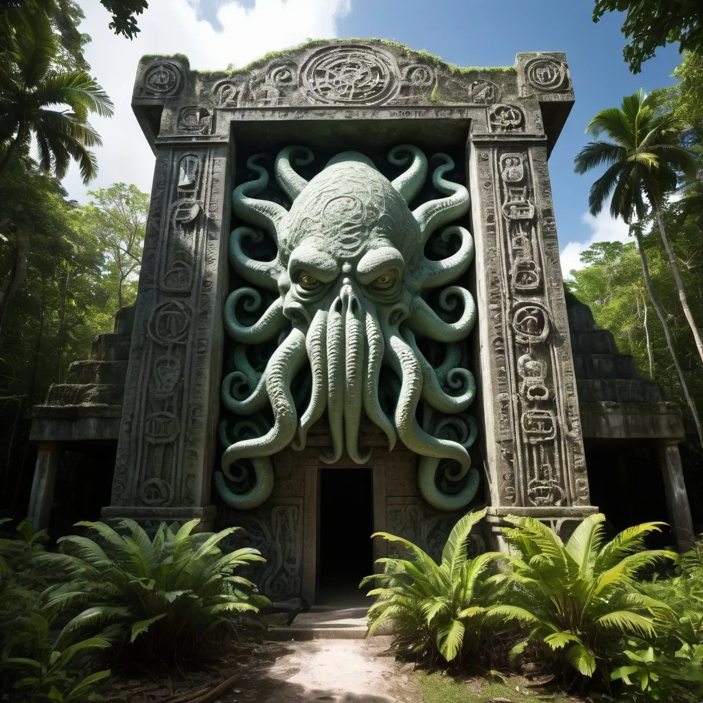 Prompt: in the Belize jungle, a giant ancient intricately detailed bas relief covered arcology of cthulhu, overhead lighting shadows, wide angle view, 25 degree offset infinity vanishing point