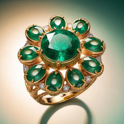 Prompt: seven giant emerald eyes on a ring in flight, golden hour overhead lighting, extra wide angle view, infinity vanishing point