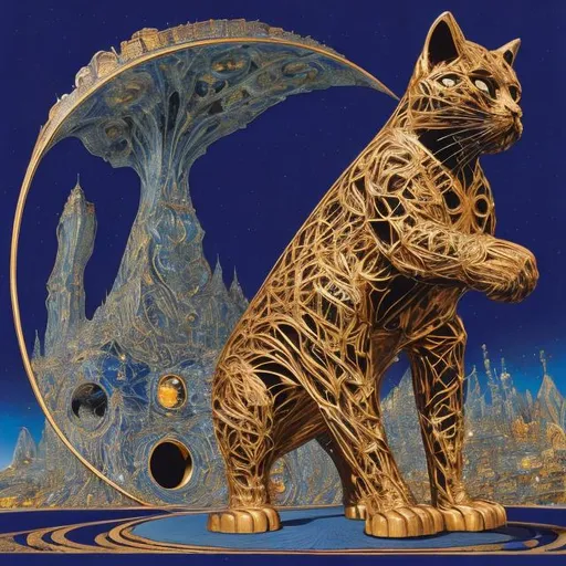 Prompt: ((((giant cat playing guitar) sapphire statue inlaid with gold filigree) in the style of Jacek Yerka) wide perspective view) infinity vanishing point