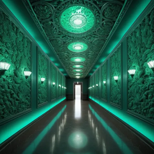 Prompt: surreal AI response, ornately detailed emerald opal bas relief hallway, overhead lighting shadows, wide angle view, infinity vanishing point