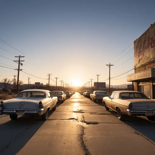 Prompt: show a scene of fallout, golden hour overhead lighting, extra wide angle view, infinity vanishing point