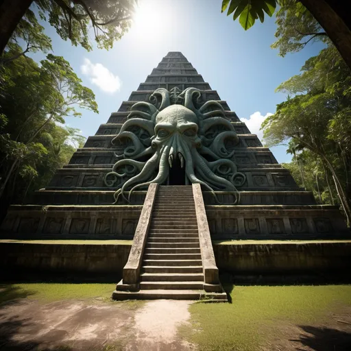 Prompt: in the Belize jungle, a giant ancient intricately detailed bas relief covered pyramid of cthulhu, overhead lighting shadows, wide angle view, 25 degree offset infinity vanishing point