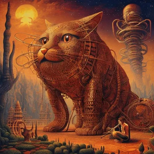 Prompt: giant copper cat playing a sitar, widescreen view, infinity vanishing point, in the style of Jacek Yerka