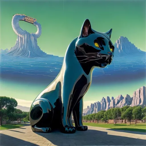 Prompt: ((((giant cat playing guitar) obsidian  statue inlaid with green jade) in the style of Jacek Yerka) wide perspective view) infinity vanishing point