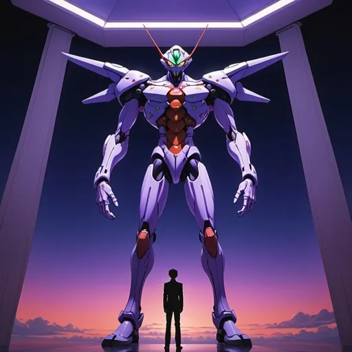 Prompt: giant Sahaquiel in Neon Genesis Evangelion, overhead lighting, wide angle view, surreal background proportions, infinity vanishing point