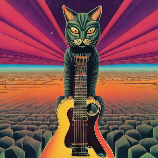 Prompt: panorama view of giant cat playing guitar, infinity vanishing point, in the style of ernst fuchs