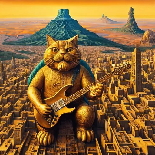 Prompt: giant damascened inlayed gold statue of a giant cat playing guitar, in the style of Jacek Yerka, wide perspective view, infinity vanishing point