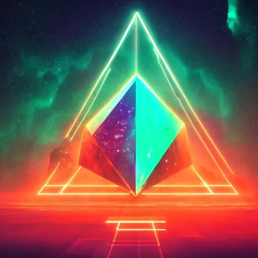 Prompt: letterbox style image, giant emerald pyramid, overhead lighting, infinity vanishing point, neon blue nebula background