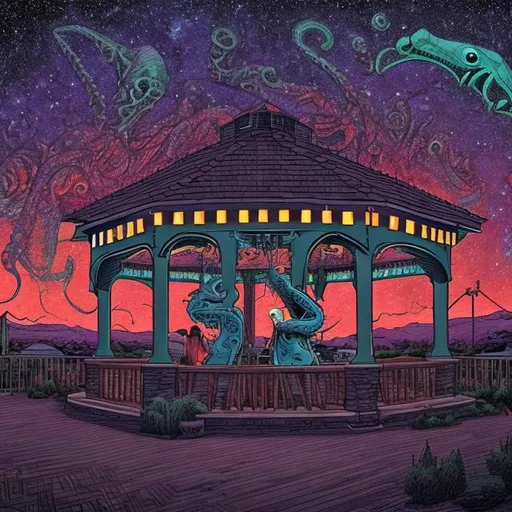 Prompt: wide view, jesus band playing guitars at a patio gazebo barbeque grill, infinity vanishing point, Cthulhu nebula background