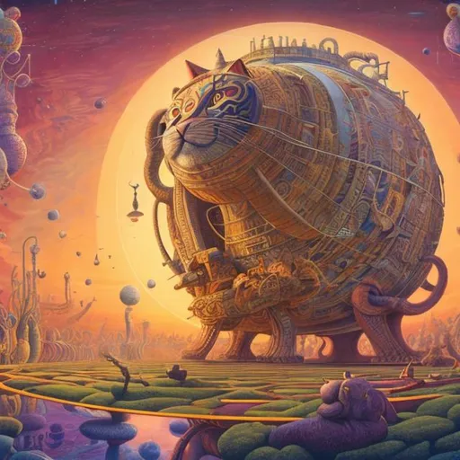 Prompt: panorama widescreen view of a giant cat playing a sitar, infinity vanishing point, in the style of Jacek Yerka