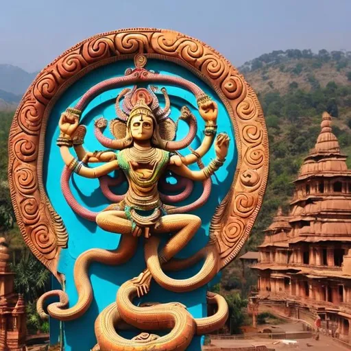 Prompt: giant dancing Nataraja statue holding many snakes, landscape background