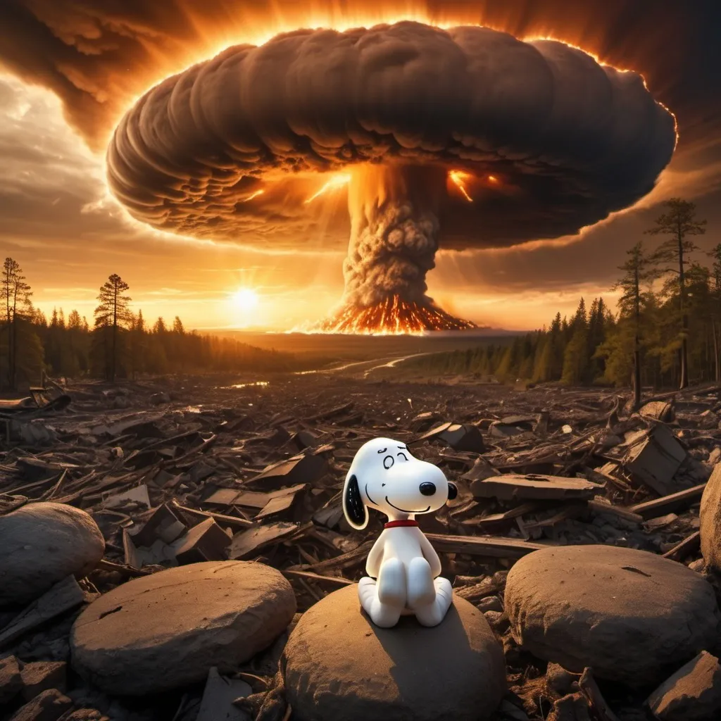 Prompt: Snoopy at the end of the world, distant nuclear mushroom cloud flashes, many falling meteors, many tornados, giant tsunami tidal waves, giant forest fire, golden hour overhead lighting, extra wide angle view, infinity vanishing point