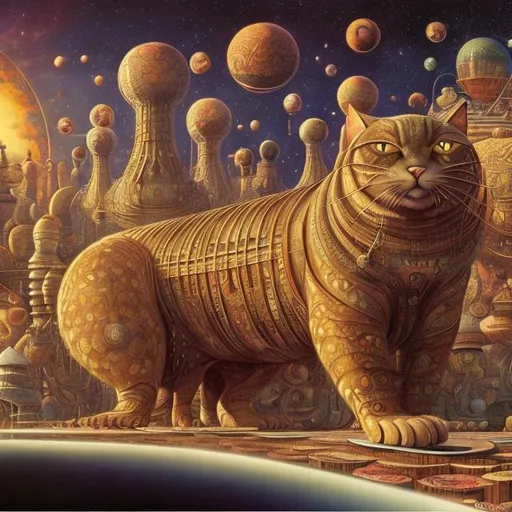 Prompt: panorama widescreen view of a giant cat playing a sitar, infinity vanishing point, in the style of Jacek Yerka