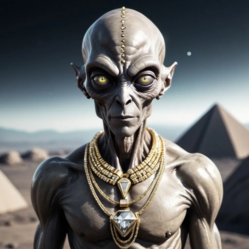 Prompt: grey alien wearing gold necklaces and diamonds, an evil techno-planet in the background, 25 degree offset, wide angle perspective, infinity vanishing point