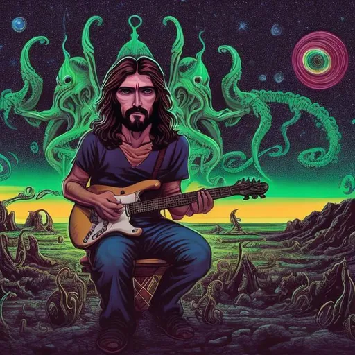 Prompt: wide view, jesus playing guitar in front of a patio grill, infinity vanishing point, Cthulhu nebula background