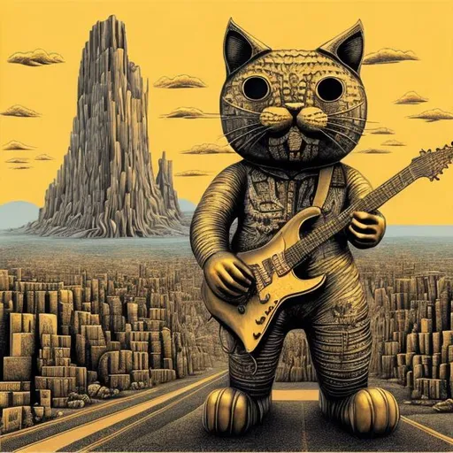 Prompt: giant acid etched gold statue of a giant cat playing guitar, in the style of Jacek Yerka, wide perspective view, infinity vanishing point