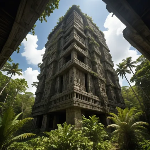 Prompt: in the Belize jungle, a giant ancient intricately detailed bas relief covered megaskyscraper arcology of xenomoprhs, overhead lighting shadows, wide angle view, 25 degree offset infinity vanishing point, randomly show several xenomorphs