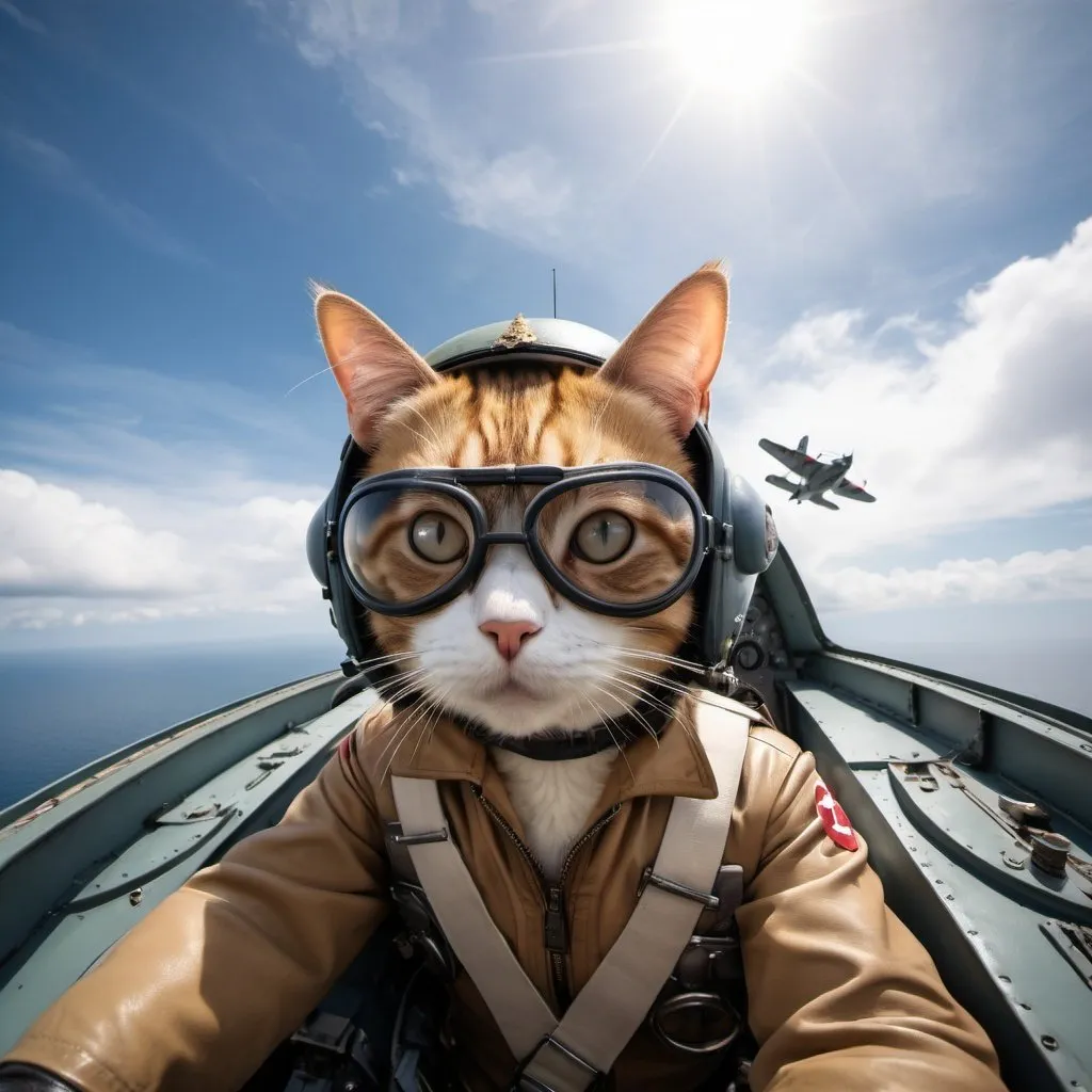 Prompt: Kamikaze Cat pilot, flying a Yokosuka MXY-7 Ohka, wide angle perspective, surreal background, infinity vanishing point