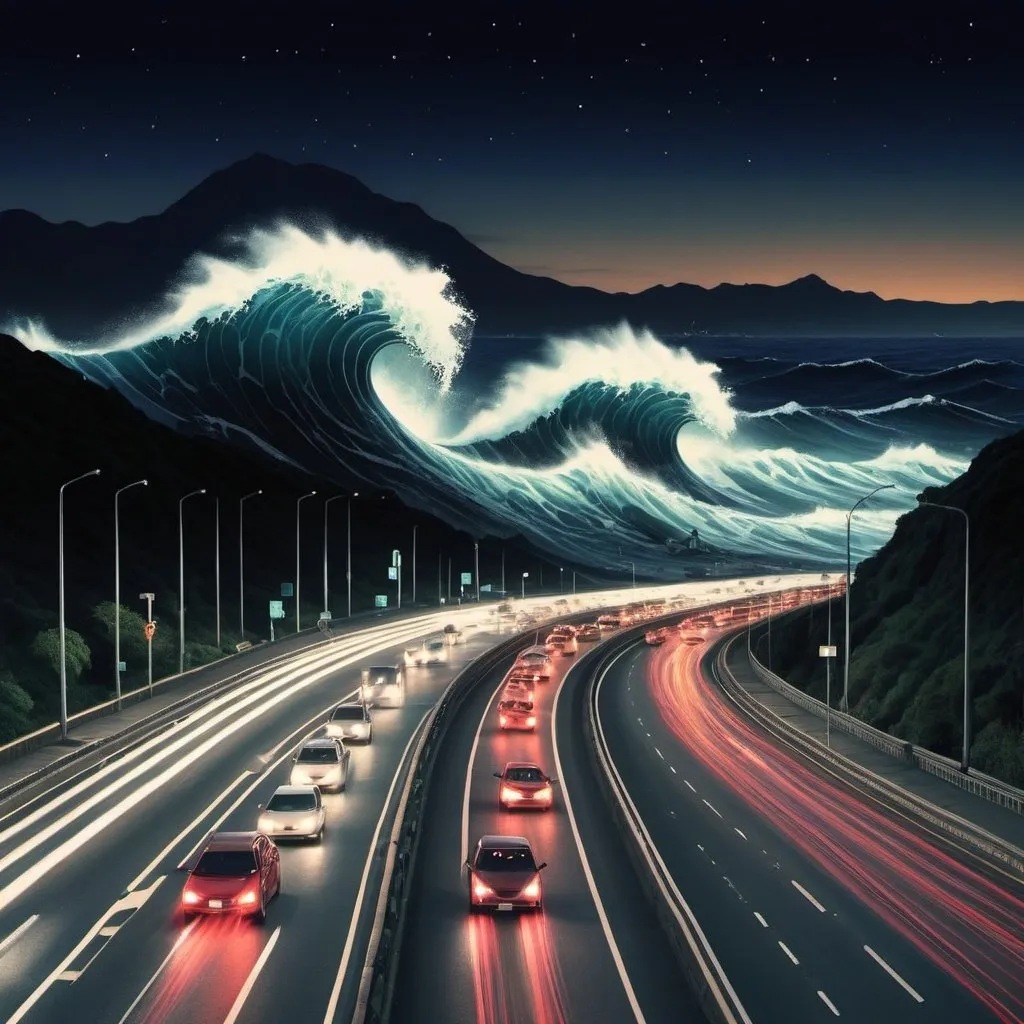 Prompt: infinite rush hour traffic, giant rogue tidal wave at night