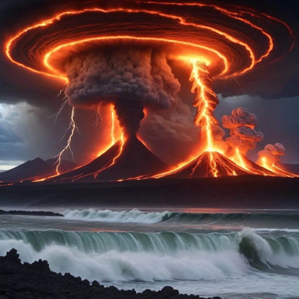 Prompt: flaming meteors, giant tornados, giant lava flows, giant rogue tidal waves, earthquake