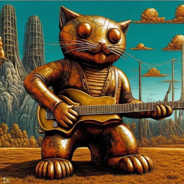 Prompt: giant rusty gold statue of a giant cat playing guitar, in the style of Jacek Yerka, widescreen view, infinity vanishing point