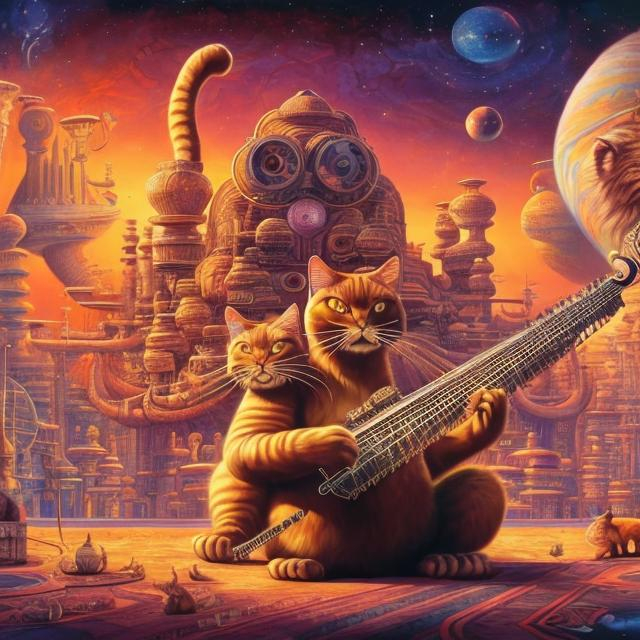 Prompt: panorama widescreen view of a giant cat playing a sitar, infinity vanishing point, in the style of Jacek Yerka