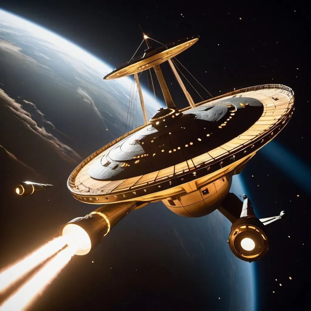 Prompt: USS Constellation versus The Doomsday Machine, from Star Trek The Original Series, overhead golden hour lighting, wide angle view, infinity vanishing point