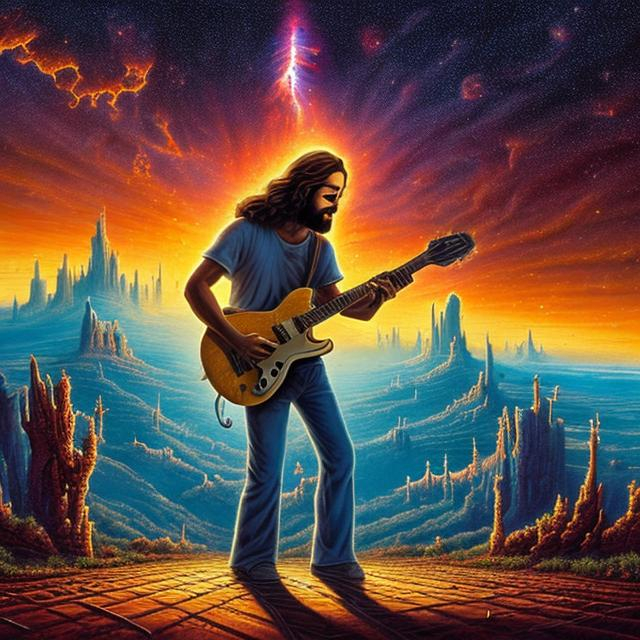 Prompt: wide view, jesus playing guitar in front of a bbq grill on a street corner, infinity vanishing point, pillars of creation nebula background