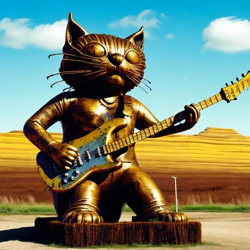 Prompt: giant rust streaked yellow metal statue of a giant cat playing guitar, in the style of Tim White, widescreen view, infinity vanishing point