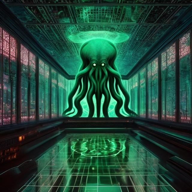 Prompt: photo of Cthulhu in an infinity mirror room