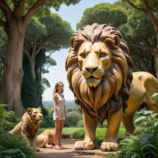 Prompt: Una and the Lion, by William Wyon, lush background, extra wide angle view, infinity vanishing point