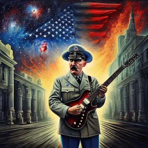 Prompt: patriotic american adolf hitler playing guitar on the street corner, infinity vanishing point, Pillars of Creation nebula background