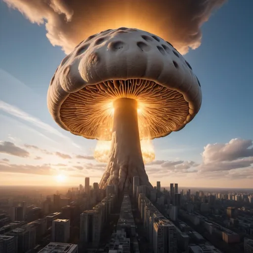 Prompt: saving the world from artificial intelligence, distant mushroom cloud, golden hour overhead lighting, extra wide angle view, infinity vanishing point