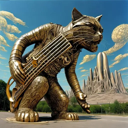 Prompt: giant acid etched brass statue of a giant cat playing guitar, in the style of Jacek Yerka, wide perspective view, infinity vanishing point