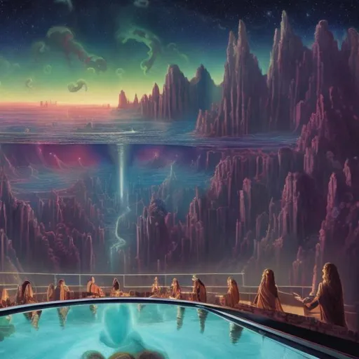 Prompt: wide view of a jesus and the twelve apostles playing guitars, at an exotic rooftop infinity pool, infinity vanishing point, cthulhu nebula background