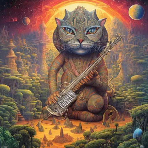 Prompt: giant diamond cat playing a sitar, widescreen view, infinity vanishing point, in the style of Jacek Yerka