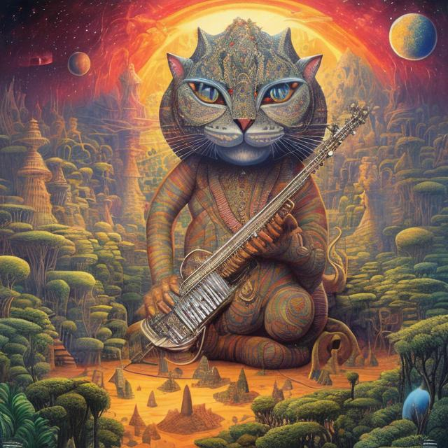 Prompt: giant diamond cat playing a sitar, widescreen view, infinity vanishing point, in the style of Jacek Yerka