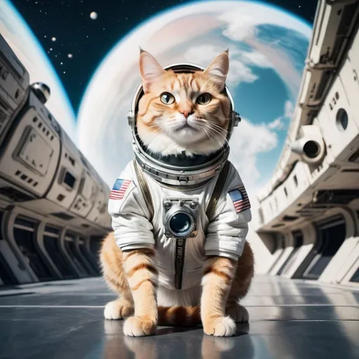 Prompt: Cat dressed as an Astronaut floating outside a distant ancient surreal space station, an evil techno-planet in the background, 25 degree offset, wide angle perspective, infinity vanishing point