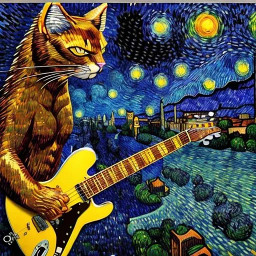 Prompt: ((((giant cat playing guitar) chrome statue inlaid with sapphires) in the style of Van Gogh) wide perspective view) infinity vanishing point