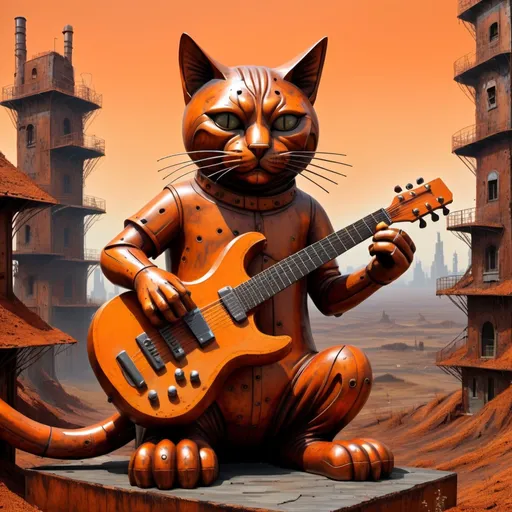 Prompt: giant rust streaked orange metal statue of a giant cat playing guitar, in the style of Jacek Yerka, widescreen view, infinity vanishing point