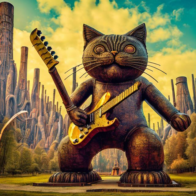 Prompt: giant rusty mirror metal statue of a giant cat playing guitar, in the style of Jacek Yerka, widescreen view, infinity vanishing point