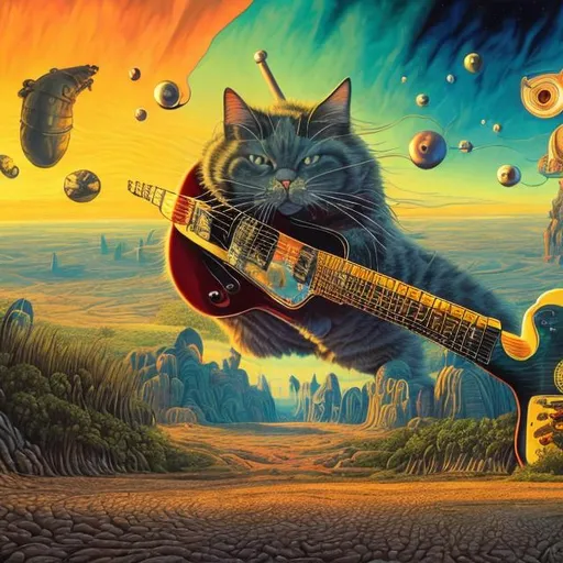 Prompt: panorama widescreen view of a giant cat playing guitar, infinity vanishing point, in the style of Jacek Yerka